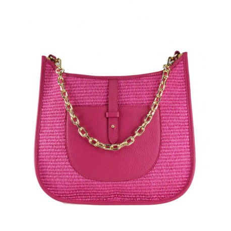 BORSA A SPALLA IN PELLE E RAFFIA CON TRACOLLA A FANTASIA - RH39843 - Colore:Fuxia;