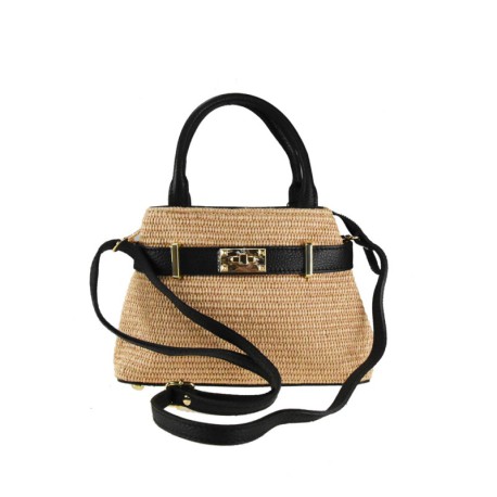 BORSA A MANO  IN PELLE E RAFFIA CON TRACOLLA - QE39843 - Colore:nero;