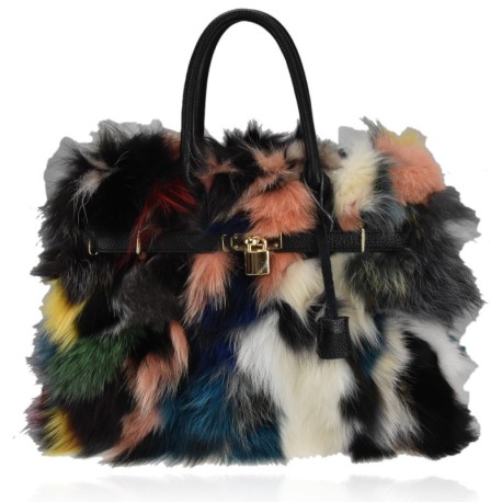 BORSA IN PELLE CON PELO VOLPINO - FOX1208135 - Colore:Fantasy 1;