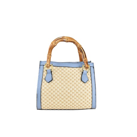 BORSA A MANO  IN PELLE E RAFFIA CON TRACOLLA - YL34837 - Colore:azzurro;