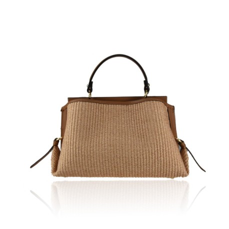 BORSA A MANO  IN PELLE E RAFFIA CON TRACOLLA - FR43847 - Colore:Cuoio;